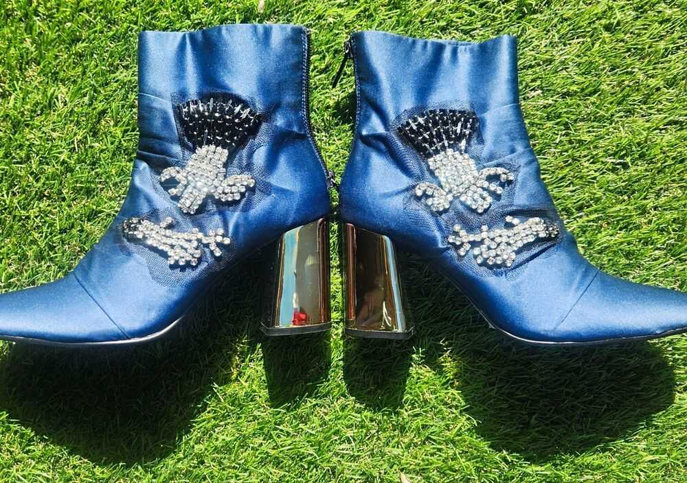 Zara Woman Blue Satin Ankle Bootie Pointed Toe Rhinestone Eagle Zip 7.5 (EU 38)
